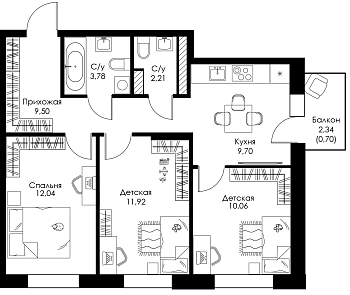 Трехкомнатная квартира № 89 