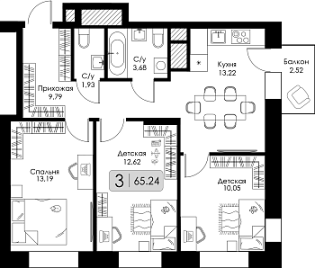Трехкомнатная квартира № 91 