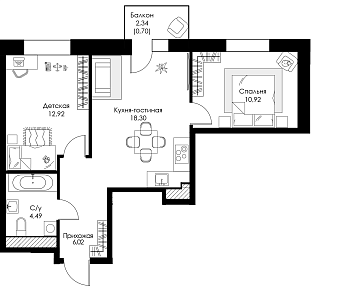 Двухкомнатная квартира № 129 